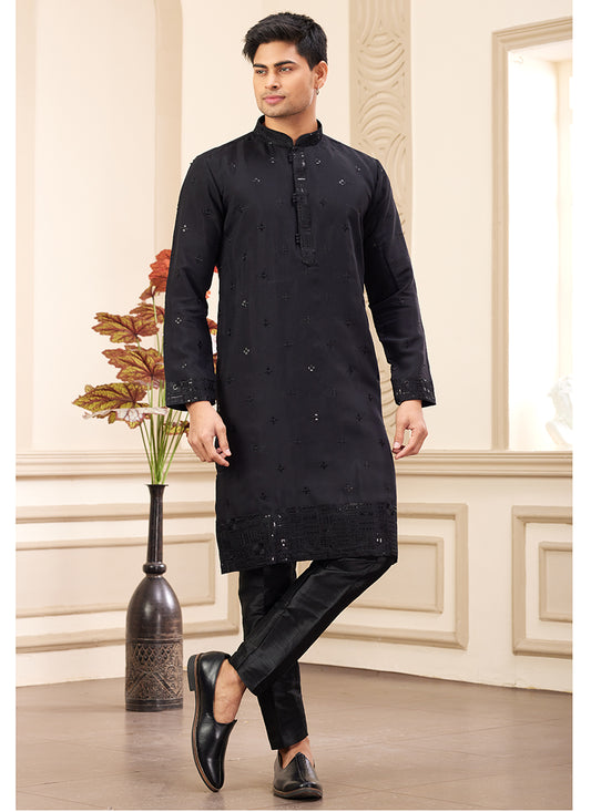 Elegant Black Festive Wear Art Silk Kurta Pajama