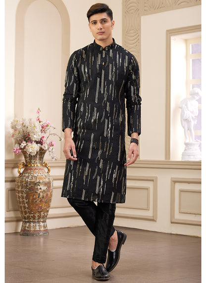 Black Art Silk Readymade Kurta Pajama for Festive Occasions
