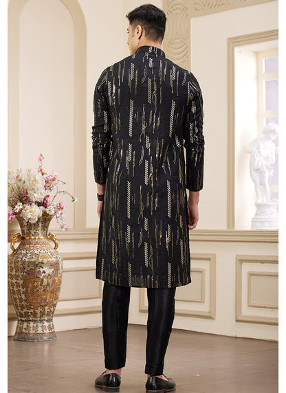 Black Art Silk Readymade Kurta Pajama for Festive Occasions