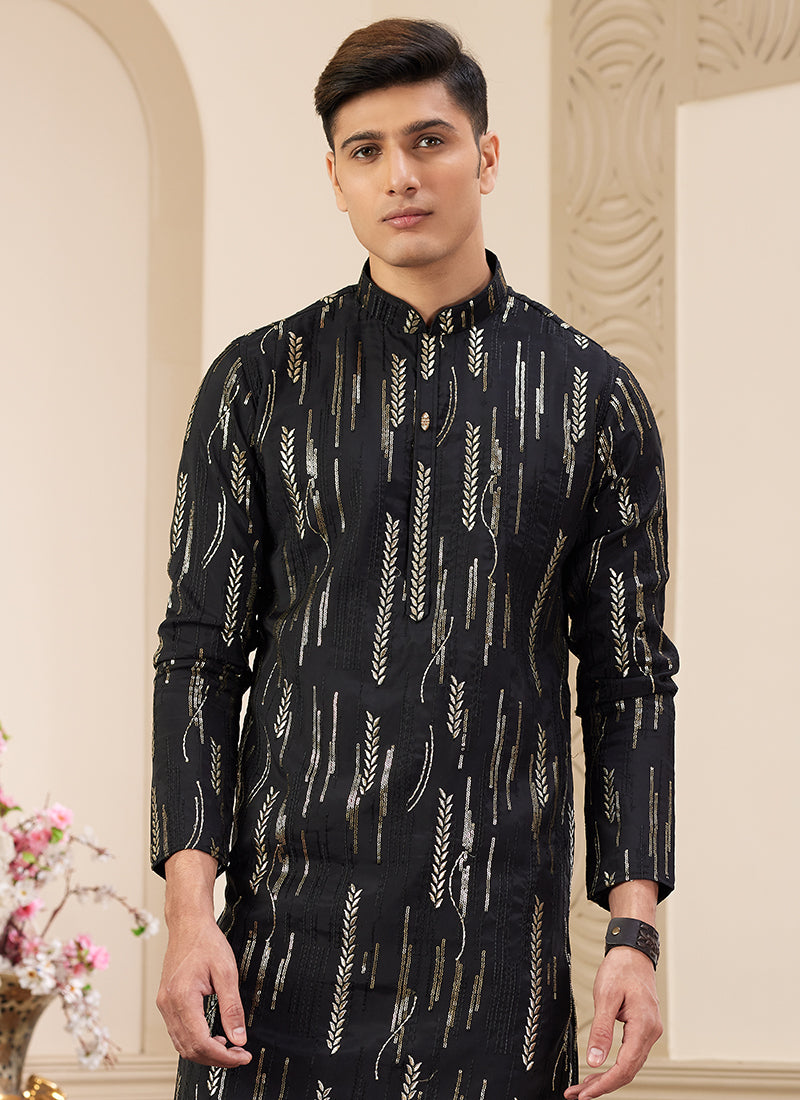 Black Art Silk Readymade Kurta Pajama for Festive Occasions