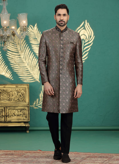 Banarasi Jacquard Black Wedding Wear Neck Work Readymade Groom Sherwani 385999