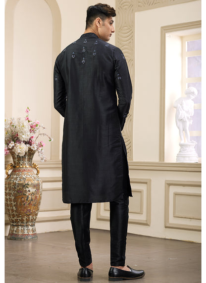 Trendy Black Banarasi Silk Kurta Pajama with Shimmering Sequins