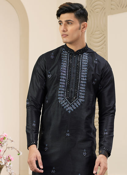 Trendy Black Banarasi Silk Kurta Pajama with Shimmering Sequins