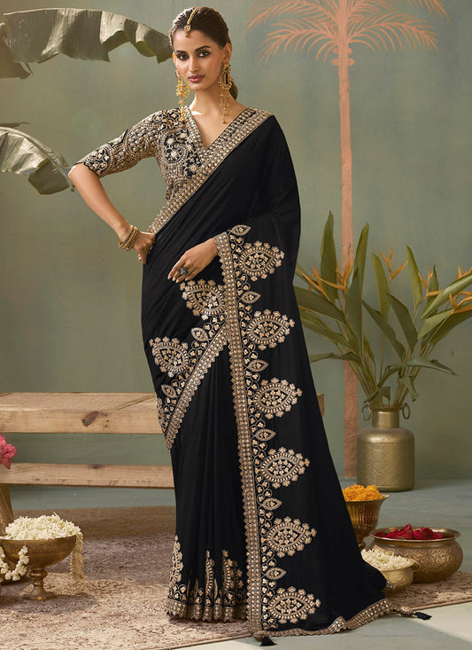 Bemberg Silk Black Wedding Wear Heavy Work Wedding Saree 387274