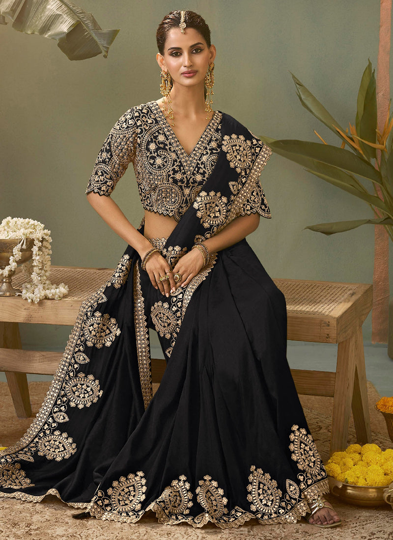 Bemberg Silk Black Wedding Wear Heavy Work Wedding Saree 387274