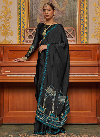 Black Chiffon Embroidery Work Party Wear Saree SW447562