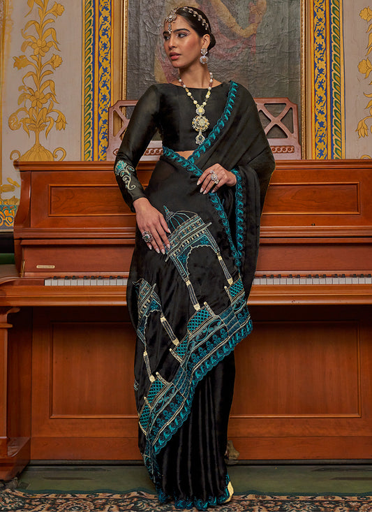 Black Chiffon Embroidery Work Party Wear Saree SW447562