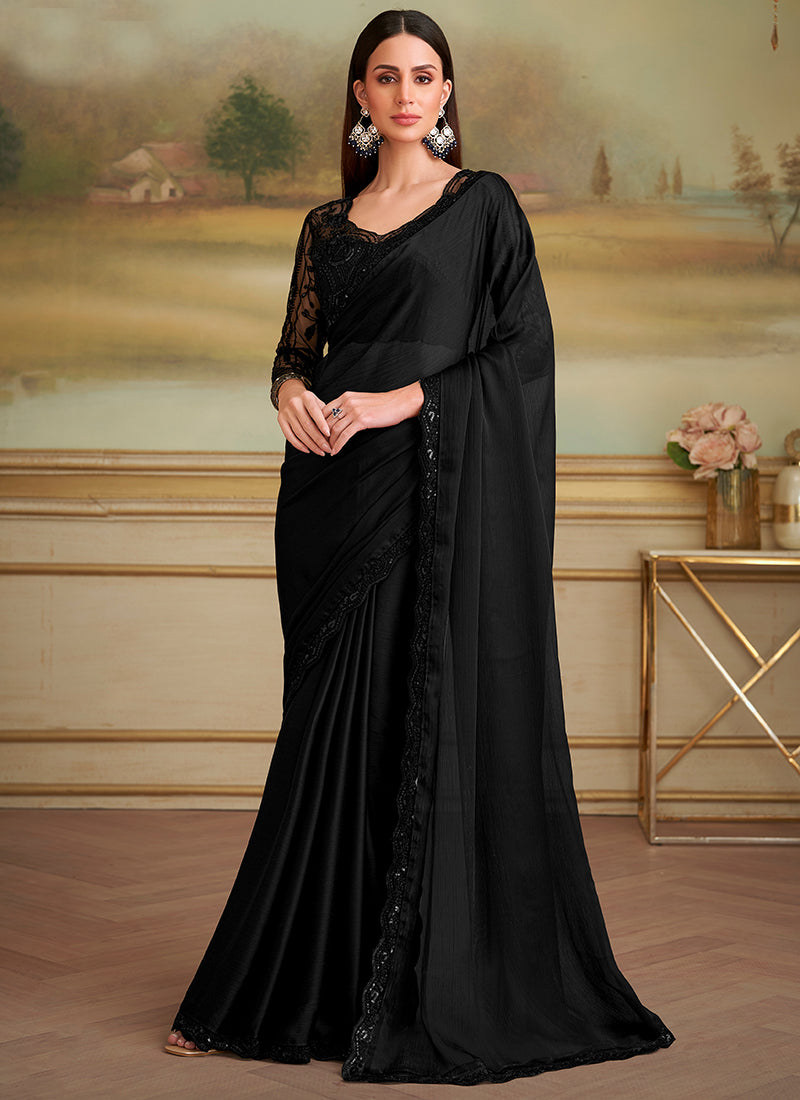 Chiffon Black Party Wear Embroidery Work Saree 386391