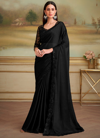 Chiffon Black Party Wear Embroidery Work Saree 386391