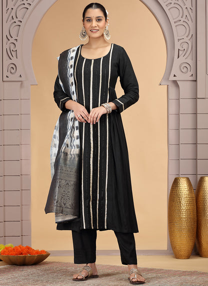 Chiffon Black Party Wear Pattern Pc Work Readymade Salwar Suit 386181
