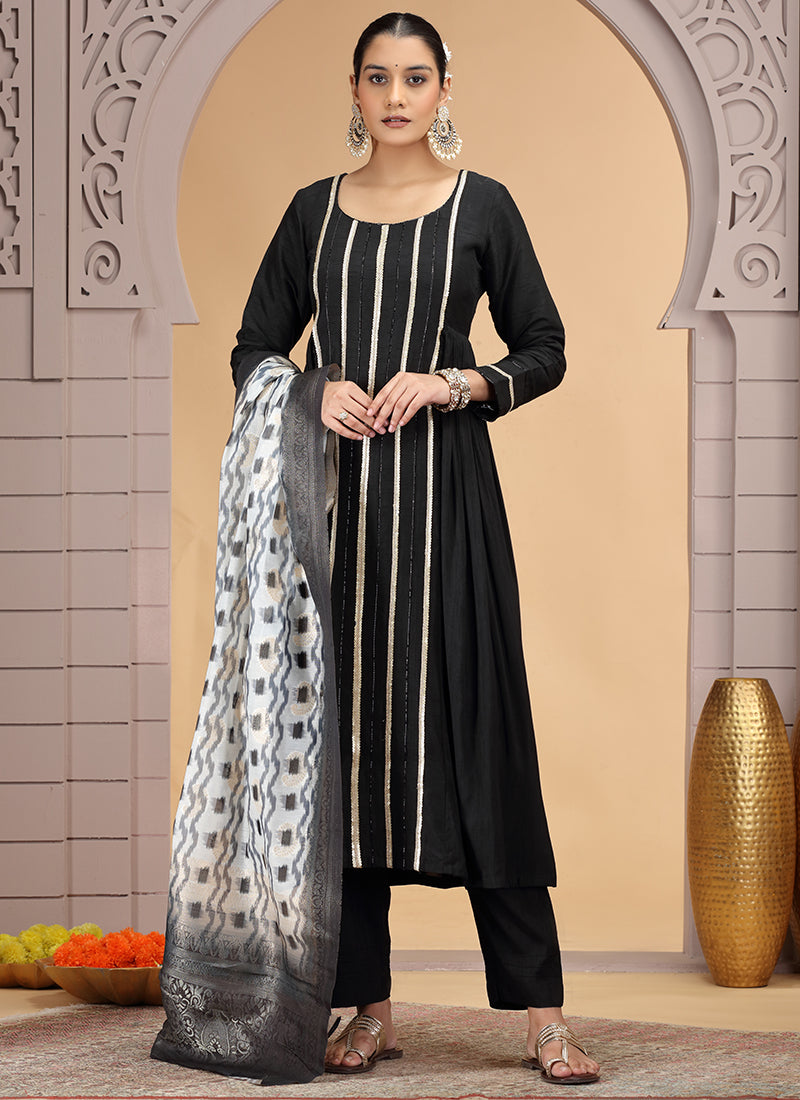 Chiffon Black Party Wear Pattern Pc Work Readymade Salwar Suit 386181