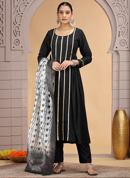 Chiffon Black Party Wear Pattern Pc Work Readymade Salwar Suit 386181