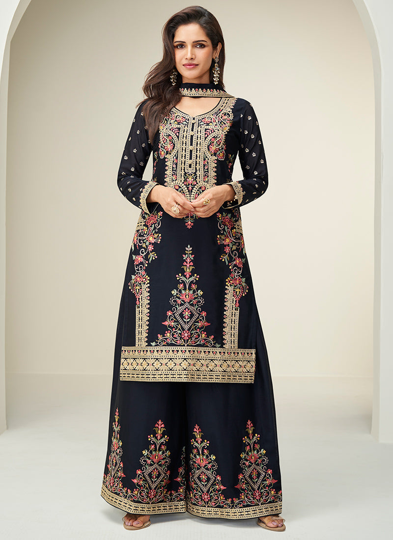 Chinnon Black Festival Wear Embroidery Work Readymade Plazzo Suit 385428