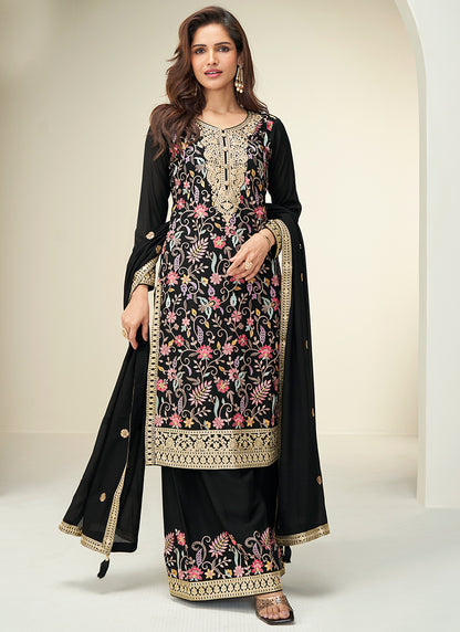 Chinnon Silk Black Wedding Wear Thread Work Readymade Plazzo Suit 385334