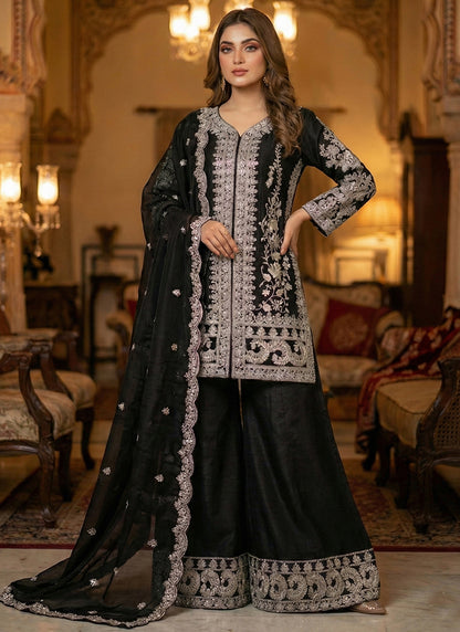 Black Chinon Embroidery Work Eid Wear Readymade Plazzo Suit SW678147