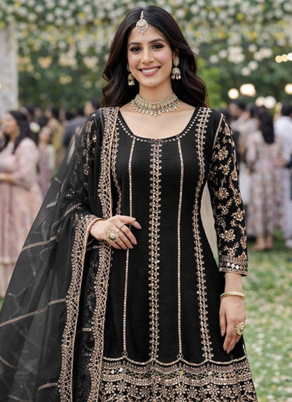 Black Chinon Embroidery Work Eid Wear Readymade Plazzo Suit SW742541