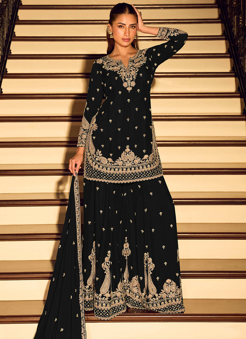 Black Chinon Embroidery Work Occasional Wear Readymade Plazzo Suit SW392283