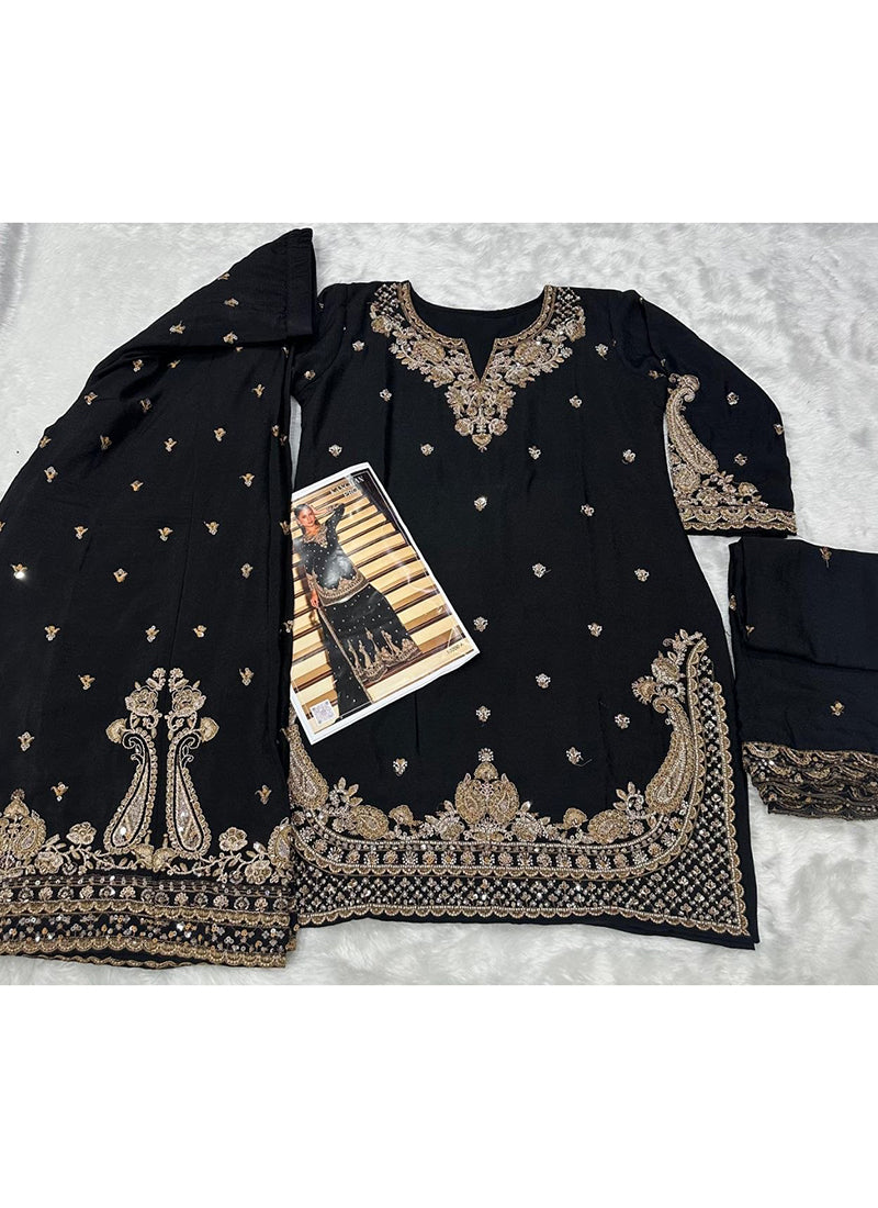 Black Chinon Embroidery Work Occasional Wear Readymade Plazzo Suit SW392283