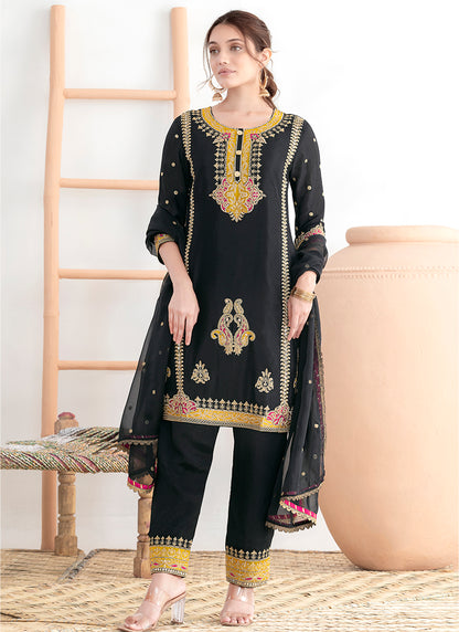 Black Chinon Embroidery Work Party Wear Readymade Salwar Suit SW517627