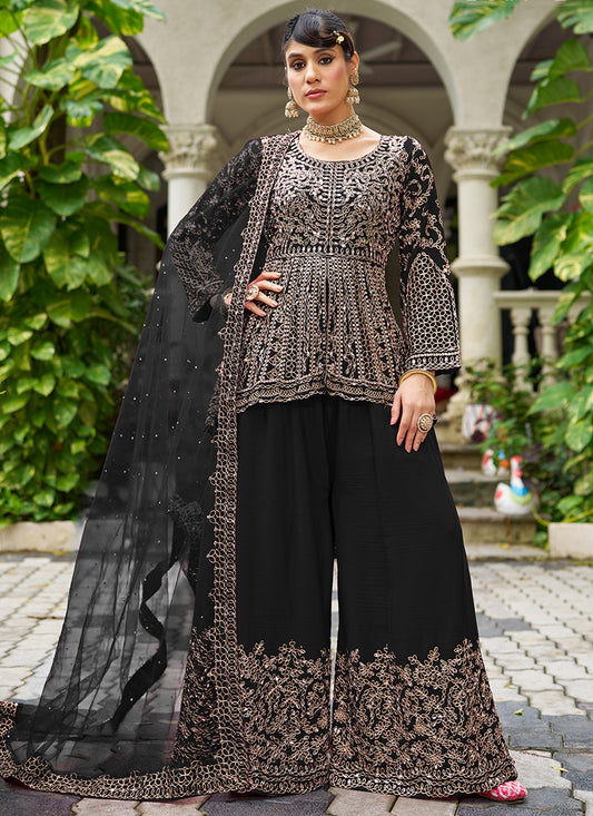 Black Chinon Mirror Work Party Wear Readymade Plazzo Suit SW415030