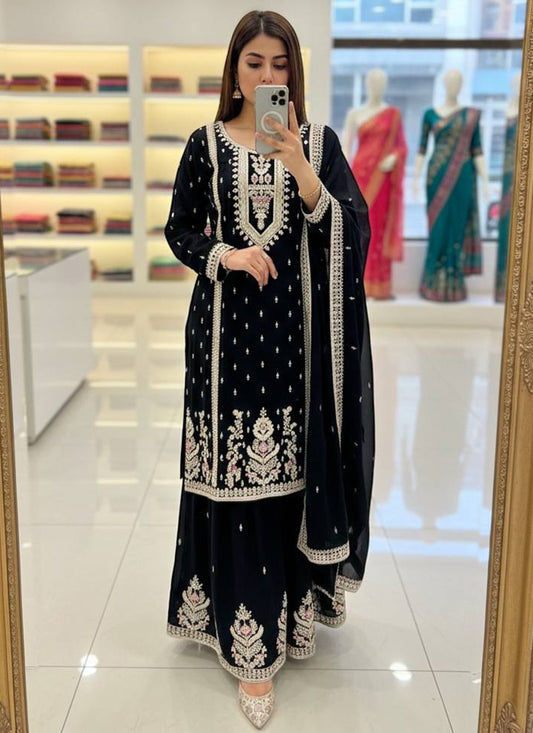 Black Chinon Silk Embroidery Work Festival Wear Readymade Plazzo Suit SW154621