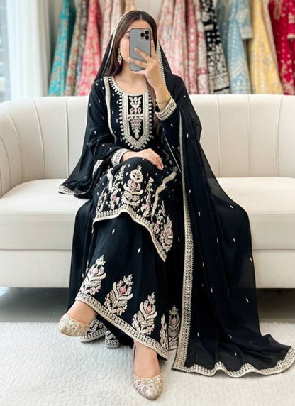 Black Chinon Silk Embroidery Work Festival Wear Readymade Plazzo Suit SW154621