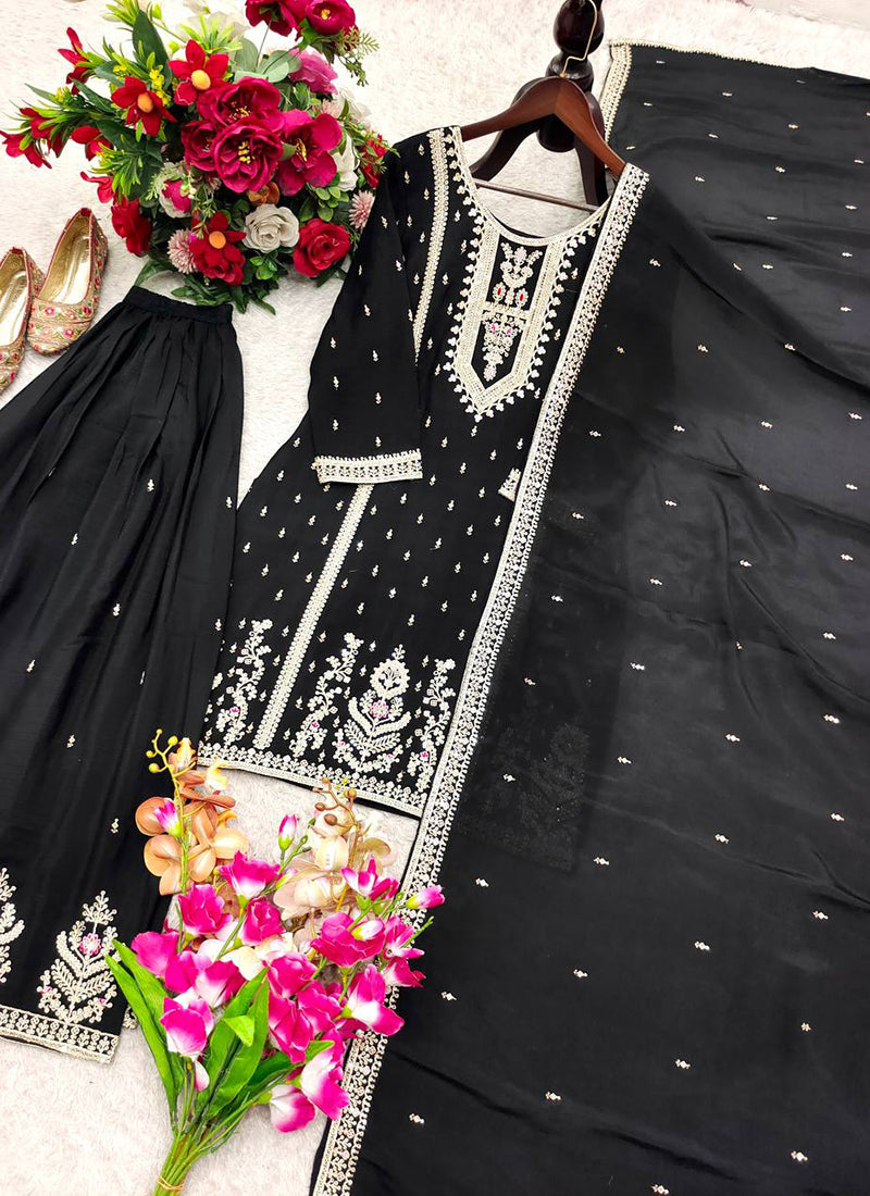 Black Chinon Silk Embroidery Work Festival Wear Readymade Plazzo Suit SW154621