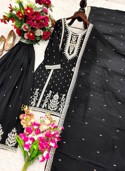 Black Chinon Silk Embroidery Work Festival Wear Readymade Plazzo Suit SW154621