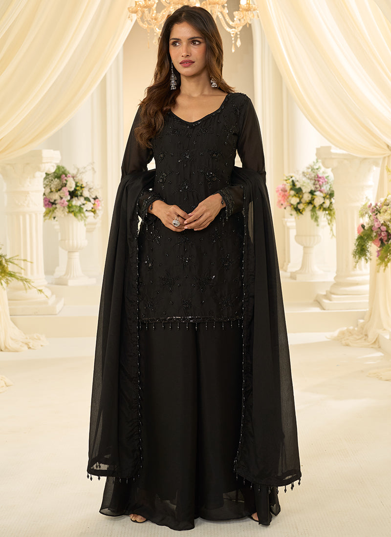 Black Chinon Silk Embroidery Work Festival Wear Readymade Plazzo Suit SW531753
