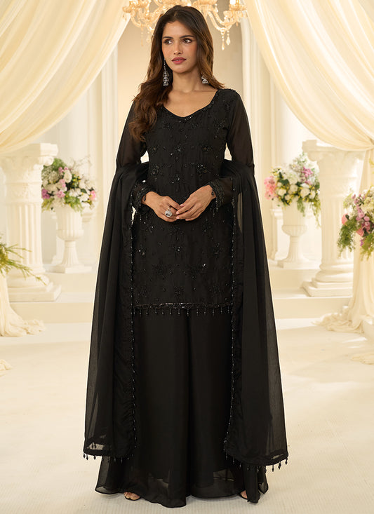 Black Chinon Silk Embroidery Work Festival Wear Readymade Plazzo Suit SW531753