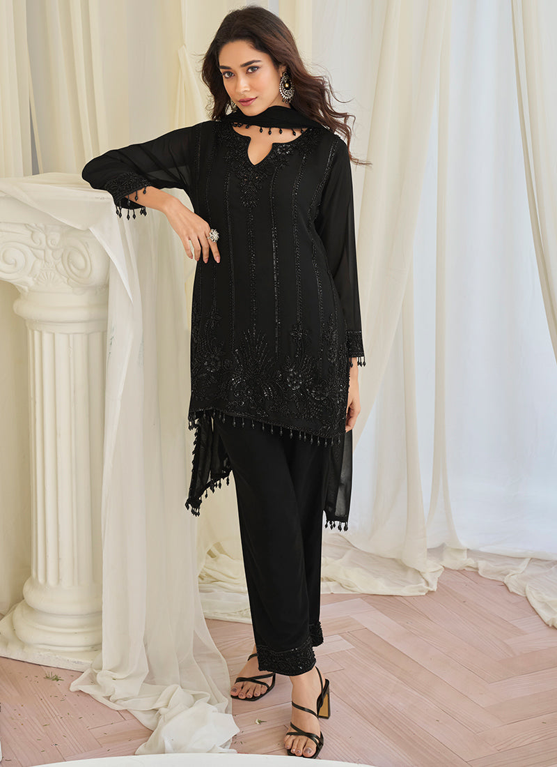 Black Chinon Silk Embroidery Work Festival Wear Readymade Salwar Suit SW900457