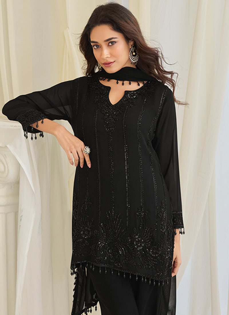 Black Chinon Silk Embroidery Work Festival Wear Readymade Salwar Suit SW900457