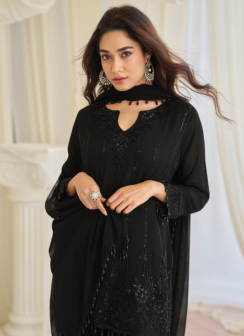 Black Chinon Silk Embroidery Work Festival Wear Readymade Salwar Suit SW900457