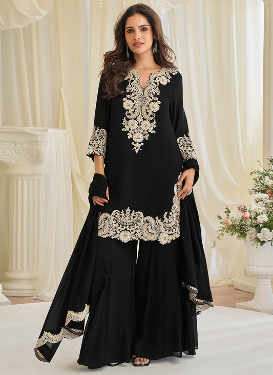 Black Chinon Silk Embroidery Work Festival Wear Readymade Plazzo Suit SW922597