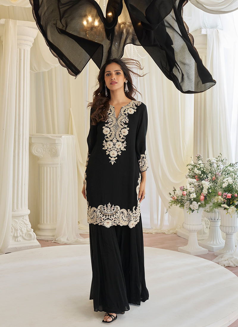 Black Chinon Silk Embroidery Work Festival Wear Readymade Plazzo Suit SW922597