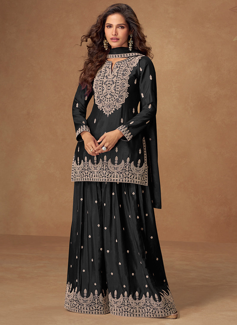 Black Chinon Silk Embroidery Work Occasional Wear Readymade Plazzo Suit SW848604