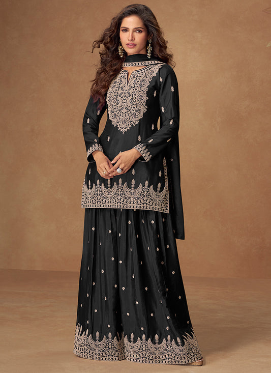 Black Chinon Silk Embroidery Work Occasional Wear Readymade Plazzo Suit SW848604