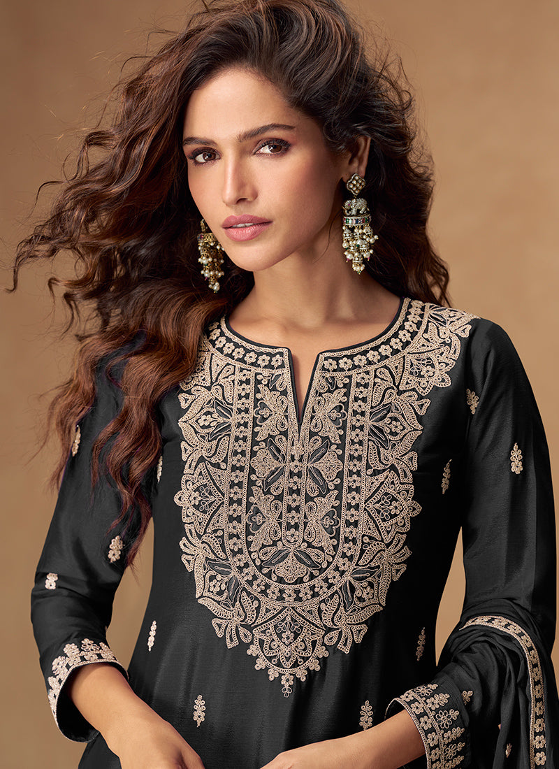 Black Chinon Silk Embroidery Work Occasional Wear Readymade Plazzo Suit SW848604