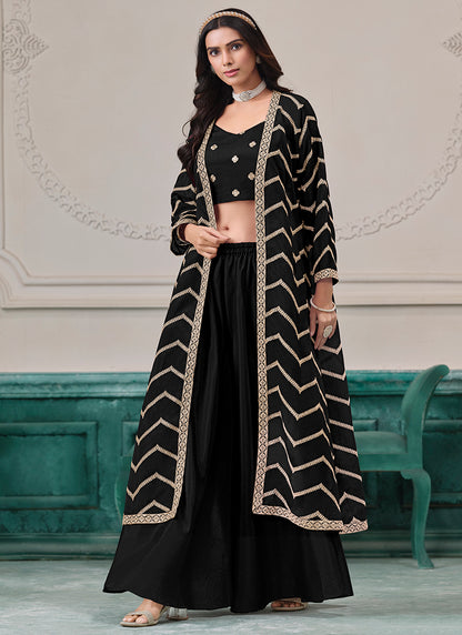 Black Chinon Silk Embroidery Work Party Wear Indowestern Suit SW852230