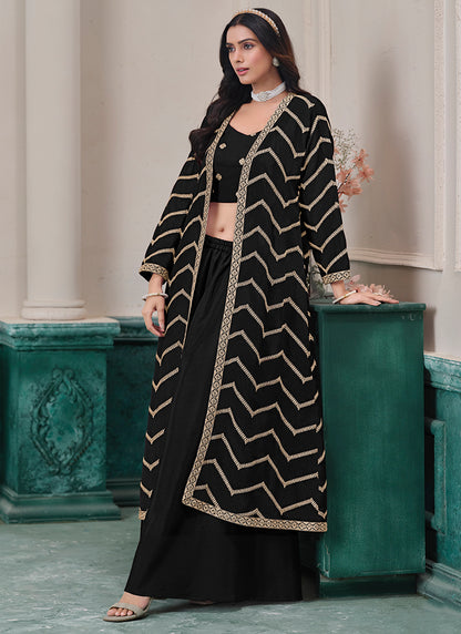 Black Chinon Silk Embroidery Work Party Wear Indowestern Suit SW852230