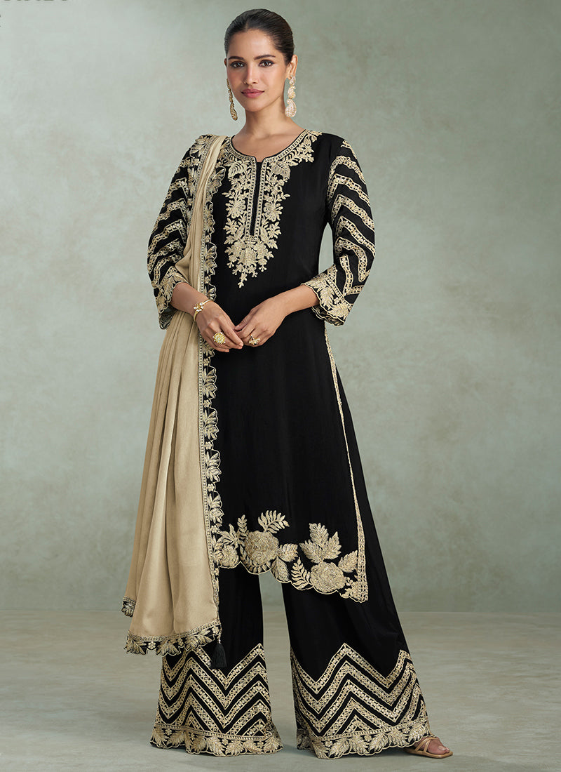 Black Chinon Silk Embroidery Work Party Wear Readymade Plazzo Suit SW564481