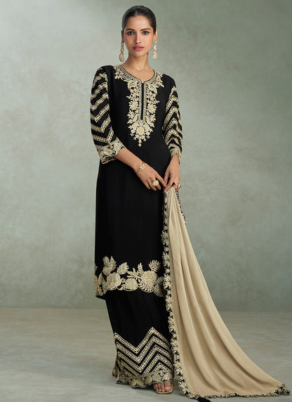 Black Chinon Silk Embroidery Work Party Wear Readymade Plazzo Suit SW564481