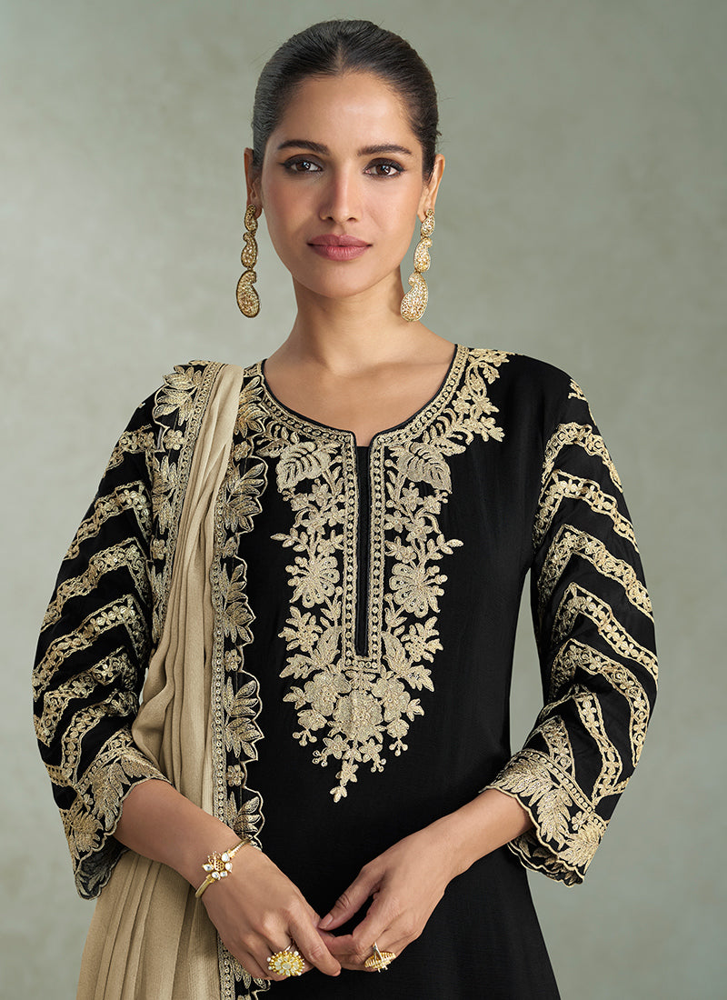 Black Chinon Silk Embroidery Work Party Wear Readymade Plazzo Suit SW564481