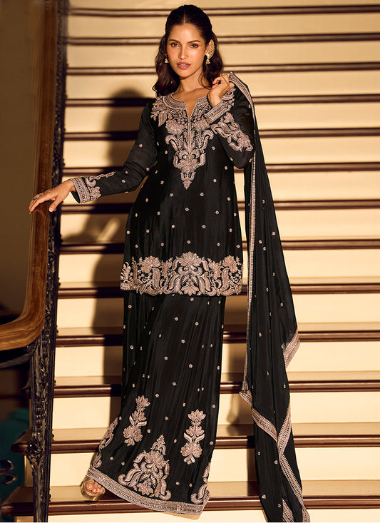 Chinon Silk Black Wedding Wear Zari Embroidery Work Readymade Plazzo Suit 388780
