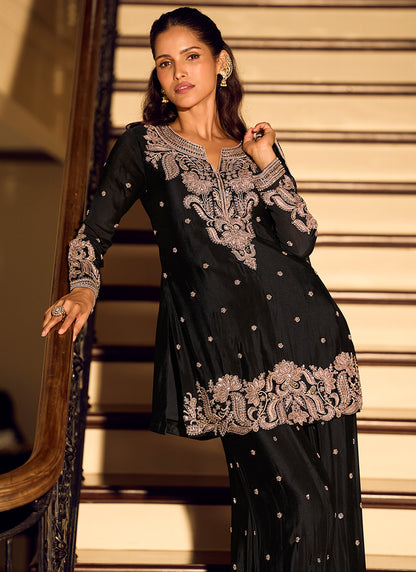 Chinon Silk Black Wedding Wear Zari Embroidery Work Readymade Plazzo Suit 388780