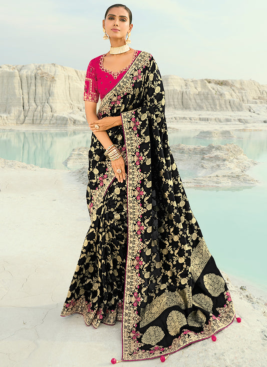 Dola Viscose Black Wedding Wear Heavy Work Wedding Saree 386453