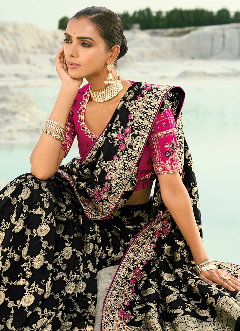 Dola Viscose Black Wedding Wear Heavy Work Wedding Saree 386453