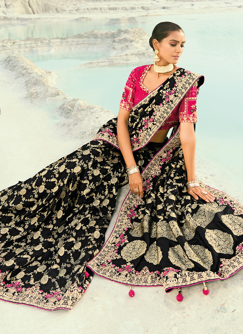 Dola Viscose Black Wedding Wear Heavy Work Wedding Saree 386453