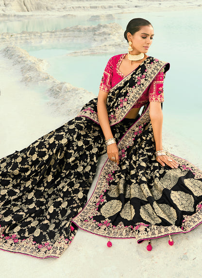 Dola Viscose Black Wedding Wear Heavy Work Wedding Saree 386453