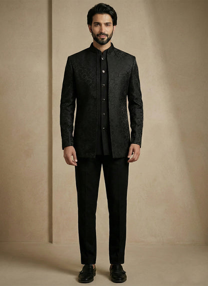Black Donier Satin Weaving Work Party Wear Readymade Indo Western Suit SW977631